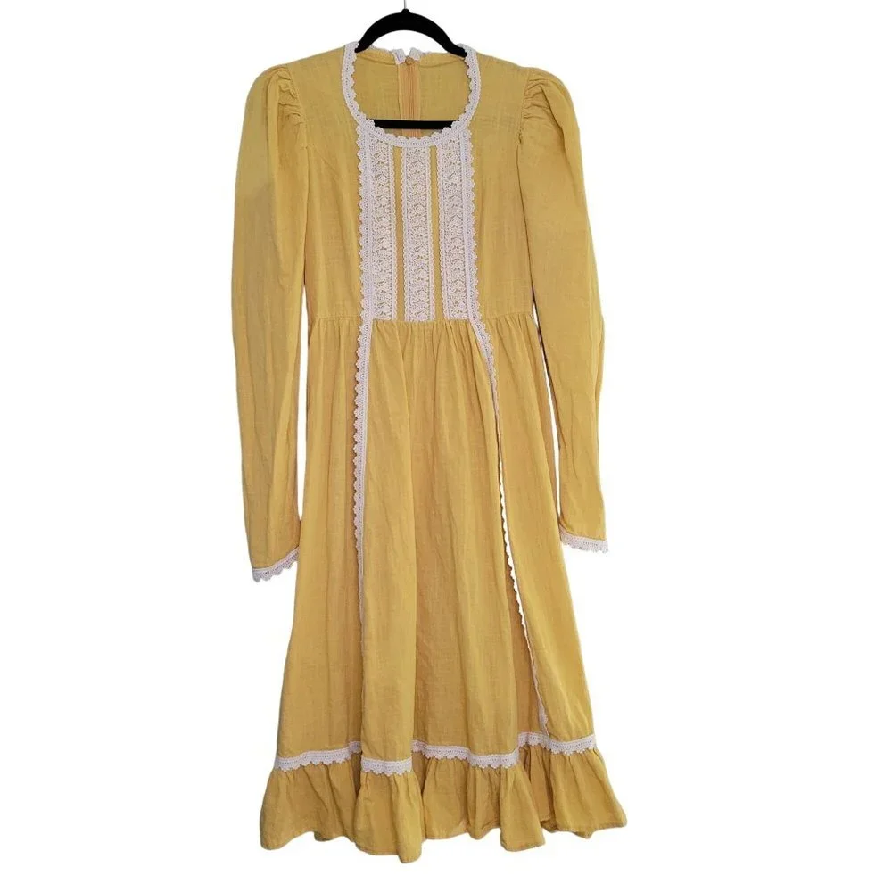 Victorian‎ Women's M Prairie Cottage Core Dress Long Sleeve Crochet Mustard